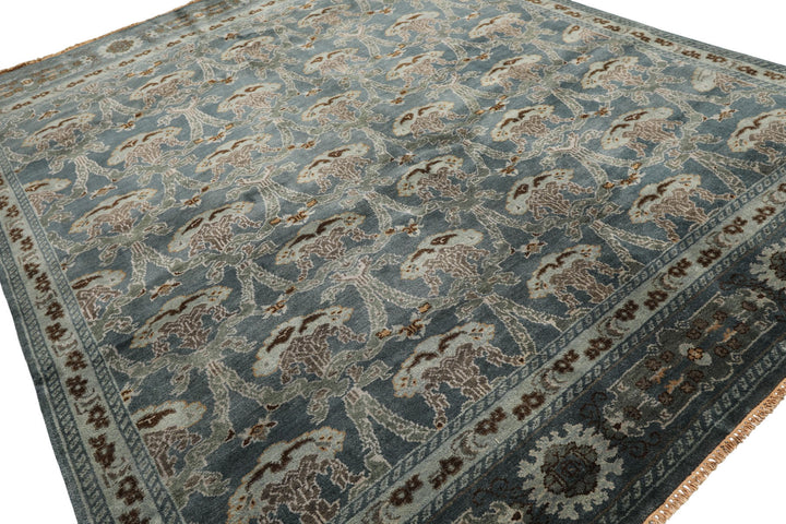 8x10 Aqua, Taupe, Brown Color Hand Knotted Tibetan Wool Traditional Oriental Rug