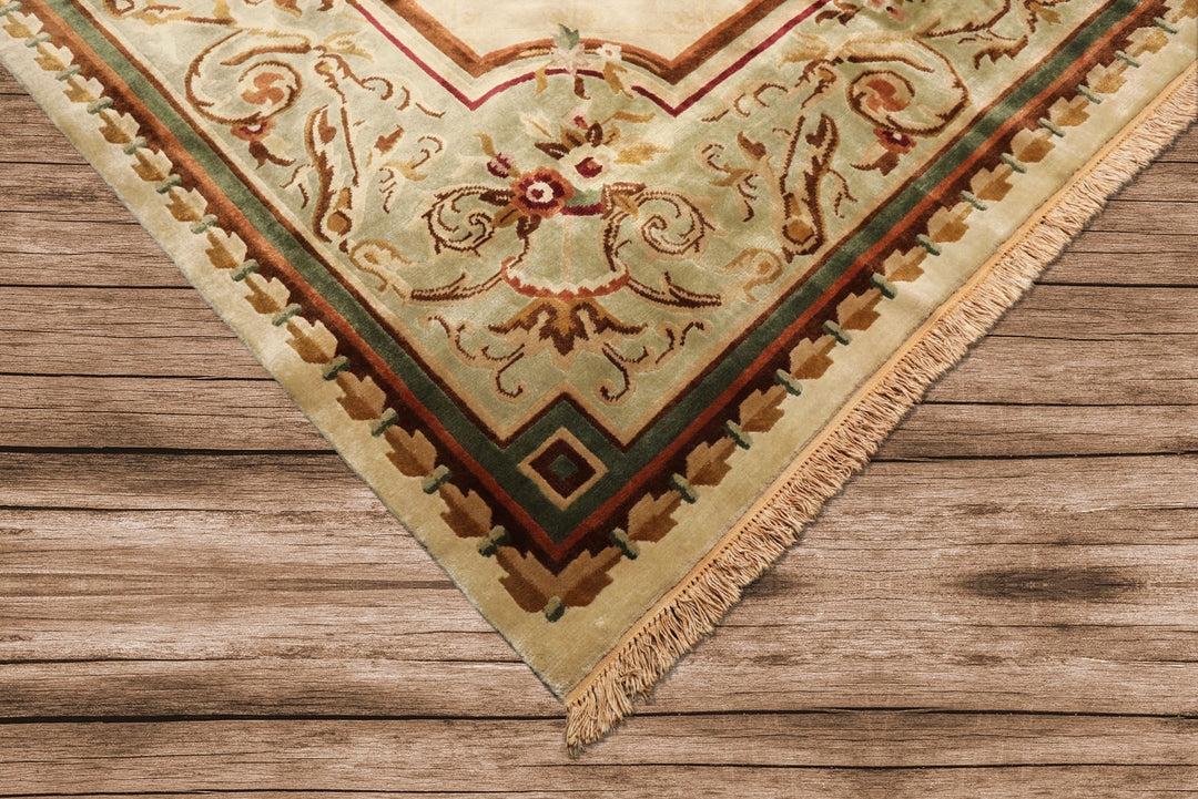 9x12 Ivory, Tan, Mint Color Hand Knotted French Aubusson Savonnerie Wool Traditional Oriental Rug