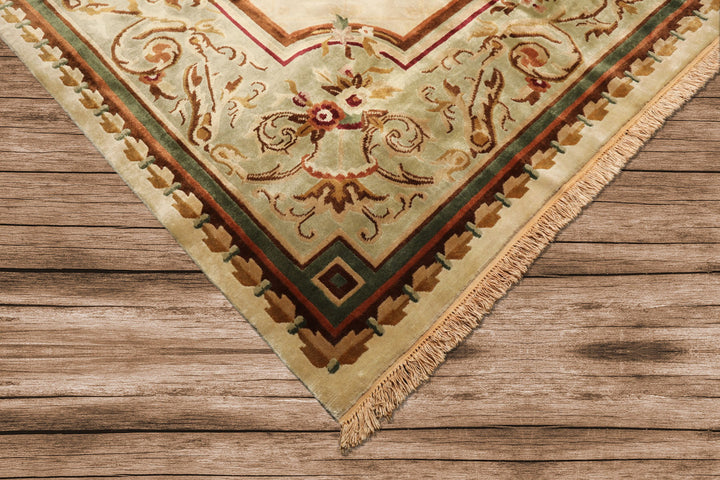 9x12 Ivory, Tan, Mint Color Hand Knotted French Aubusson Savonnerie Wool Traditional Oriental Rug