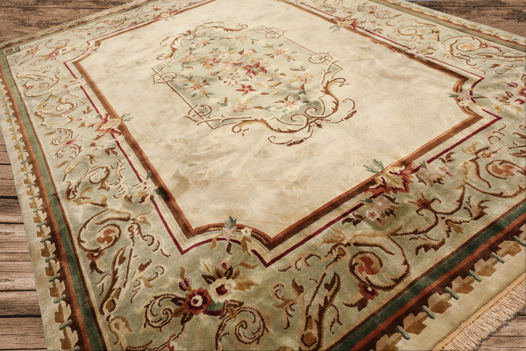 9x12 Ivory, Tan, Mint Color Hand Knotted French Aubusson Savonnerie Wool Traditional Oriental Rug