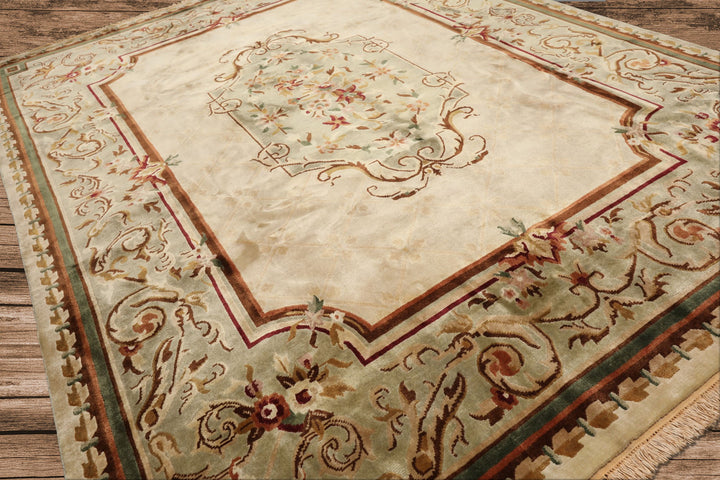 9x12 Ivory, Tan, Mint Color Hand Knotted French Aubusson Savonnerie Wool Traditional Oriental Rug
