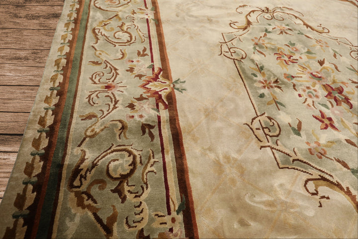 9x12 Ivory, Tan, Mint Color Hand Knotted French Aubusson Savonnerie Wool Traditional Oriental Rug