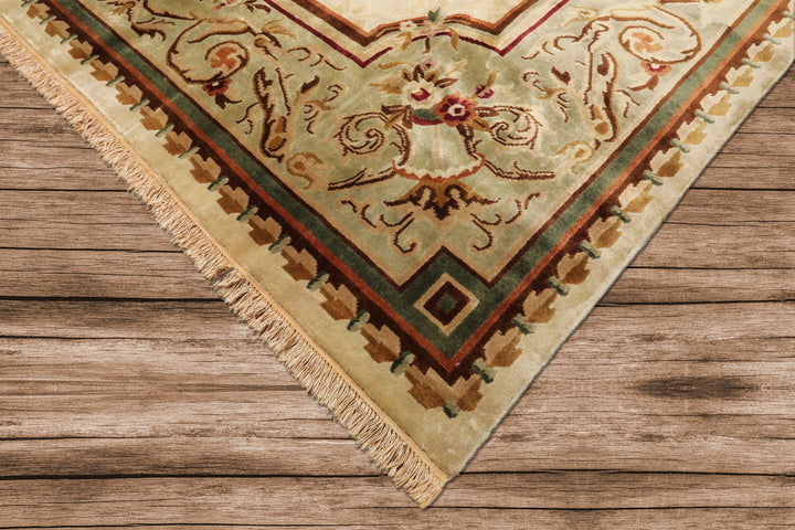 9x12 Ivory, Tan, Mint Color Hand Knotted French Aubusson Savonnerie Wool Traditional Oriental Rug