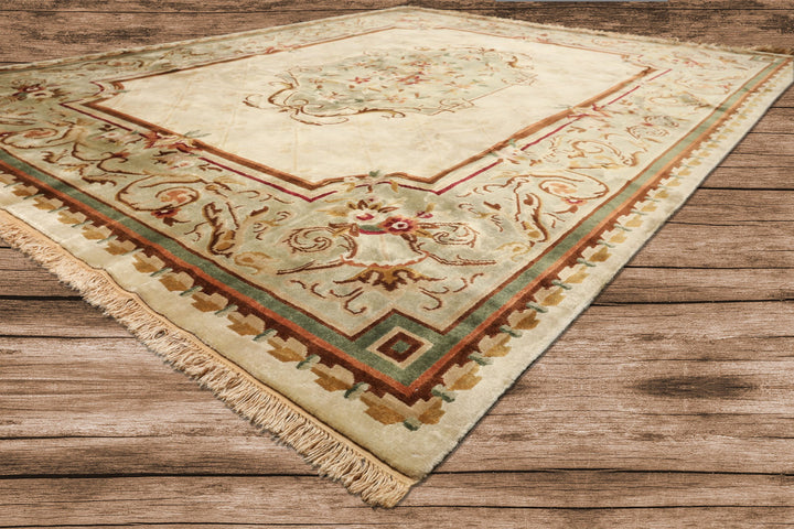 9x12 Ivory, Tan, Mint Color Hand Knotted French Aubusson Savonnerie Wool Traditional Oriental Rug