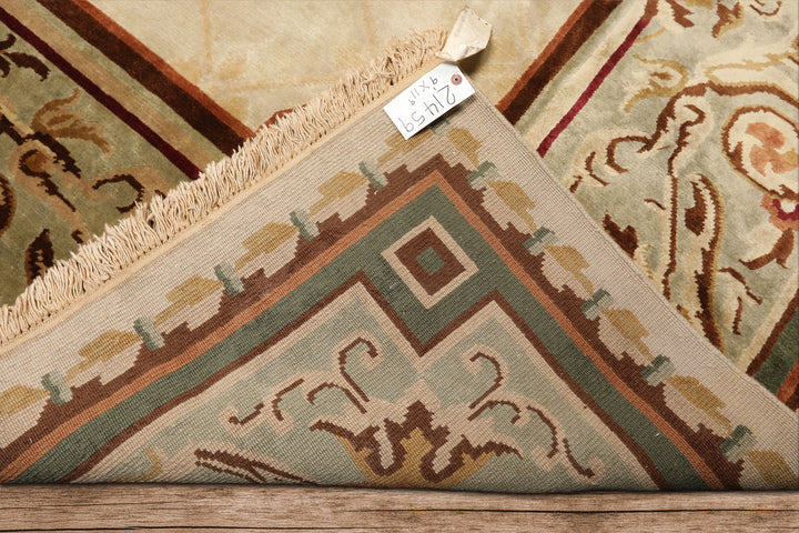 9x12 Ivory, Tan, Mint Color Hand Knotted French Aubusson Savonnerie Wool Traditional Oriental Rug