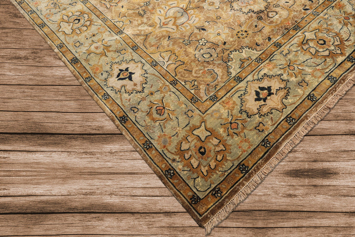 8x10 Mocha, Mint, Navy Color Hand Knotted Agra Wool Transitional Oriental Rug