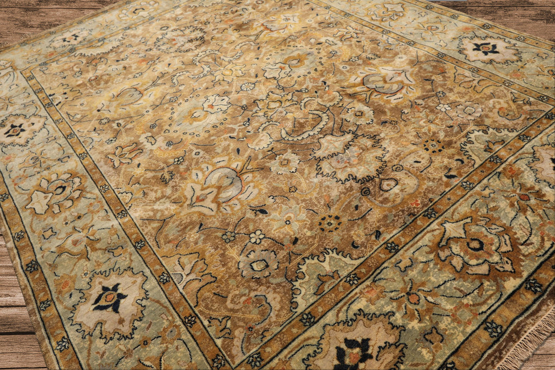 8x10 Mocha, Mint, Navy Color Hand Knotted Agra Wool Transitional Oriental Rug