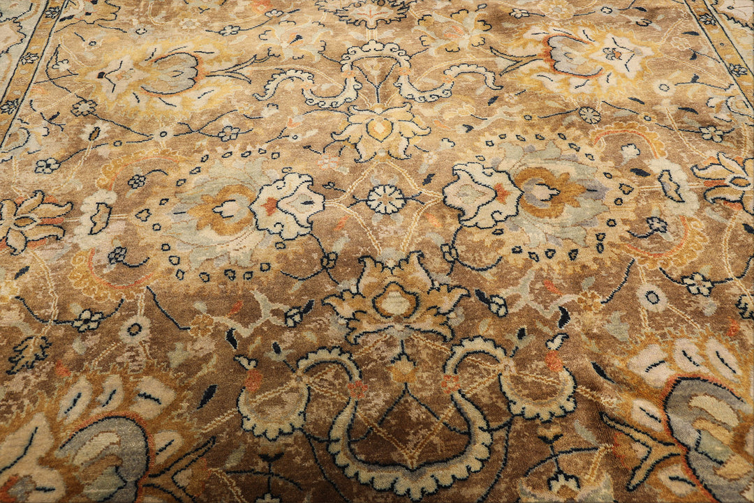 8x10 Mocha, Mint, Navy Color Hand Knotted Agra Wool Transitional Oriental Rug