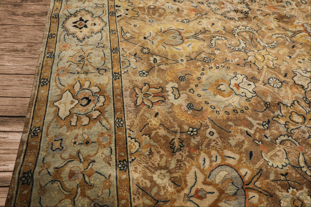 8x10 Mocha, Mint, Navy Color Hand Knotted Agra Wool Transitional Oriental Rug