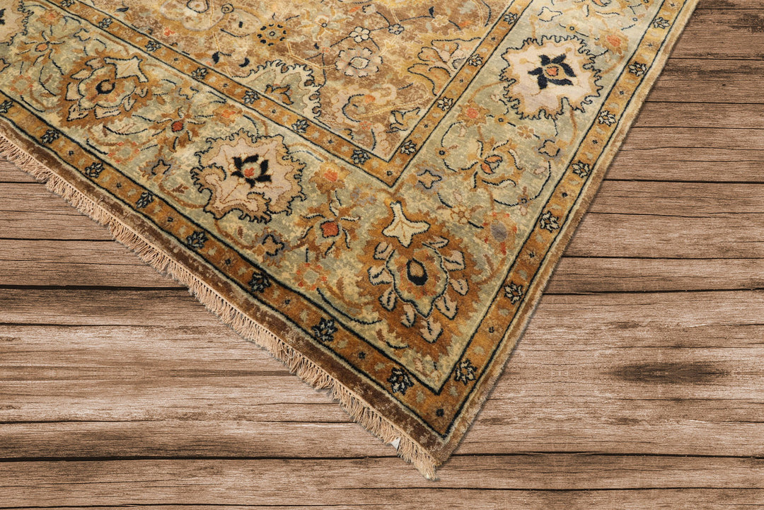 8x10 Mocha, Mint, Navy Color Hand Knotted Agra Wool Transitional Oriental Rug