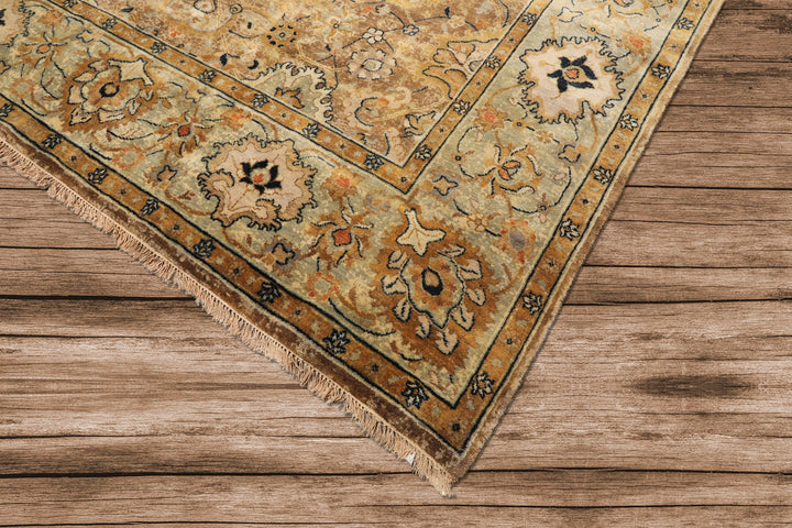 8x10 Mocha, Mint, Navy Color Hand Knotted Agra Wool Transitional Oriental Rug