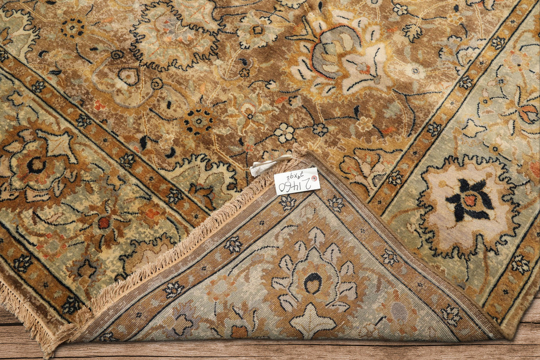8x10 Mocha, Mint, Navy Color Hand Knotted Agra Wool Transitional Oriental Rug
