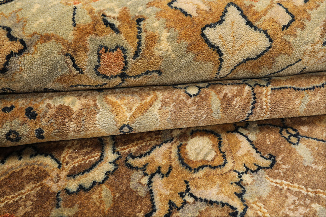 8x10 Mocha, Mint, Navy Color Hand Knotted Agra Wool Transitional Oriental Rug