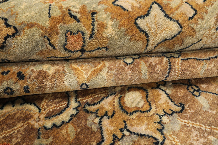 8x10 Mocha, Mint, Navy Color Hand Knotted Agra Wool Transitional Oriental Rug