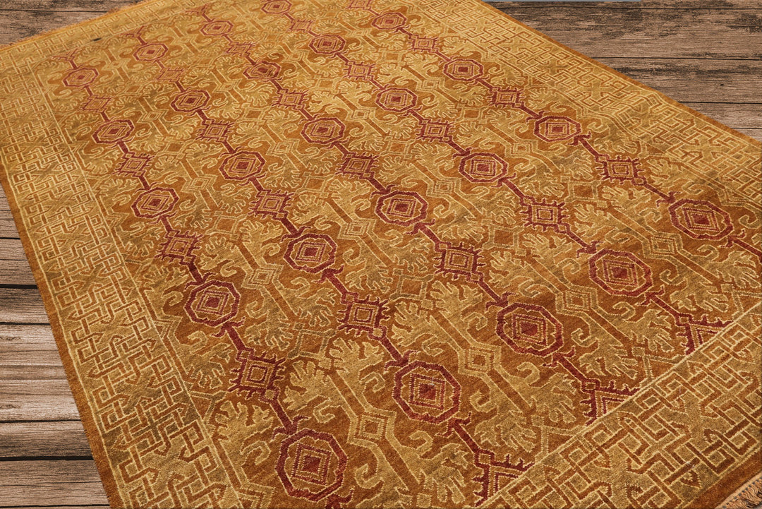 6x9 Caramel, Rose, Rust Color Hand Knotted Agra Wool Traditional Oriental Rug