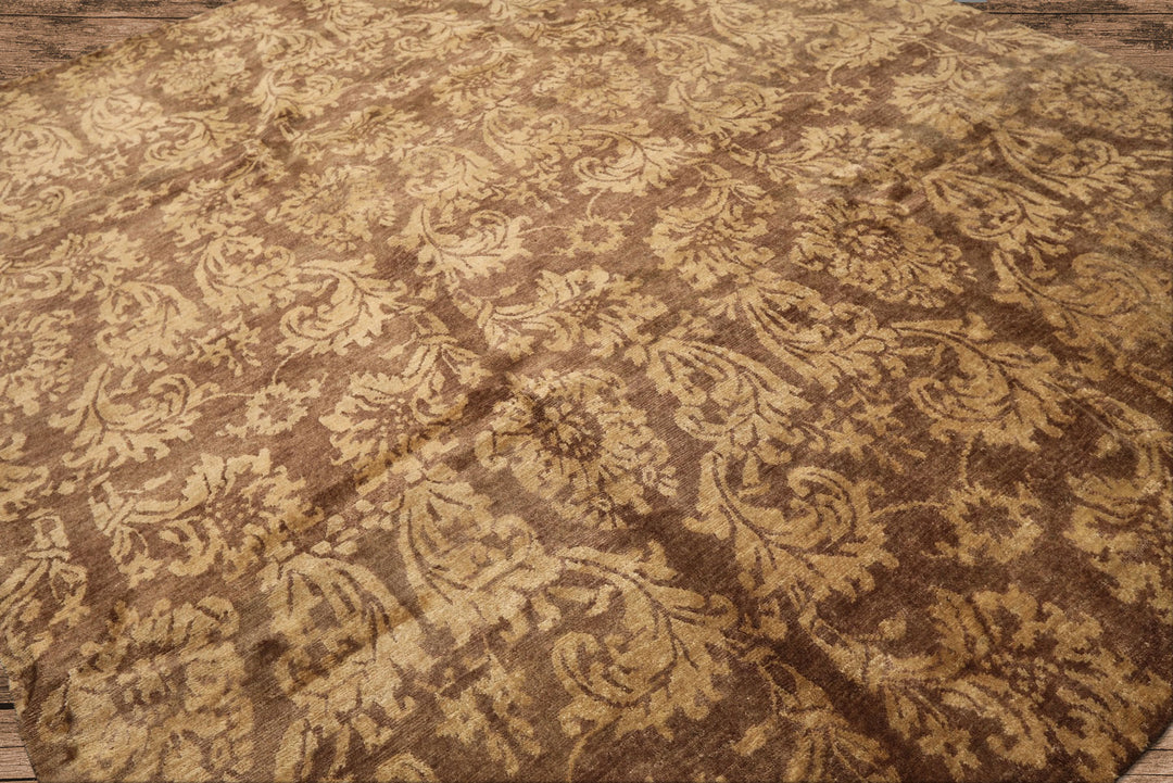 8x10 Brown, Light Gold, Color Hand Knotted Tibetan Wool Transitional Oriental Rug