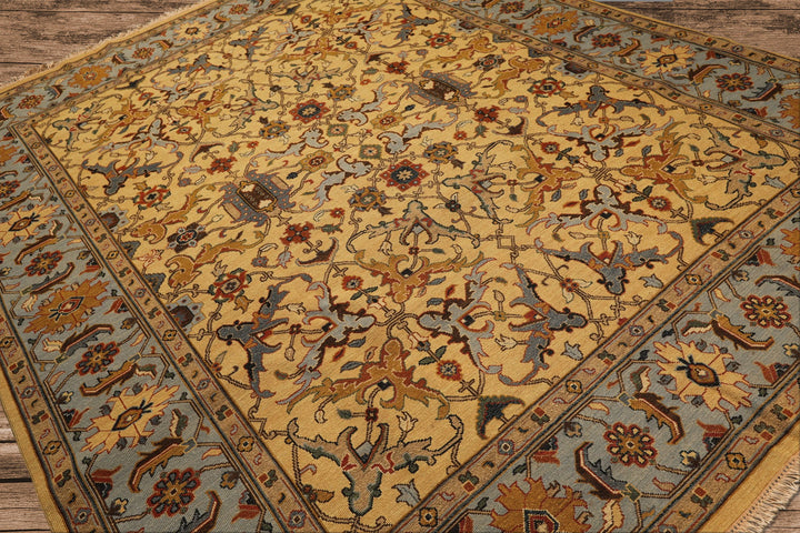 8x10 Gold, Blue, Tan Color Hand Knotted Soumak Wool Traditional Oriental Rug