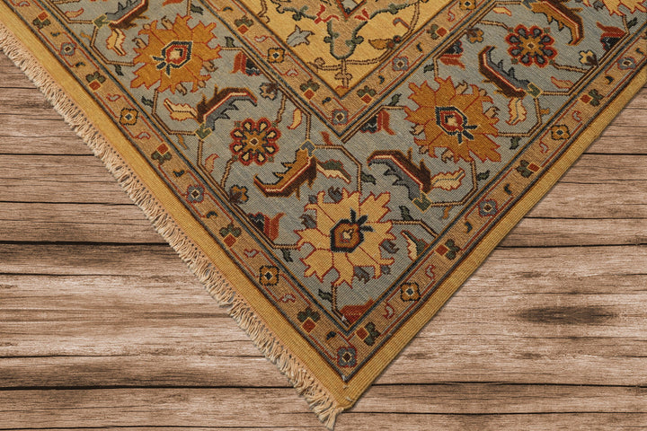 8x10 Gold, Blue, Tan Color Hand Knotted Soumak Wool Traditional Oriental Rug