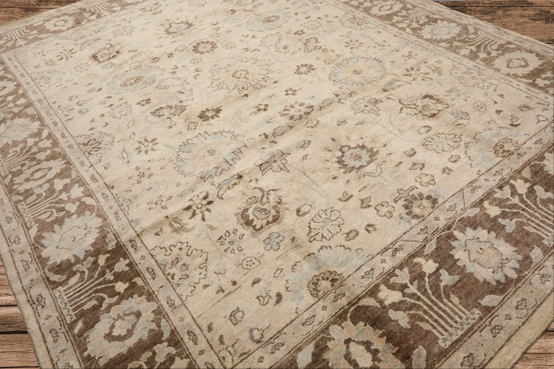 8x10 Beige, Mocha, Aqua Color Hand Knotted Oushak Wool Traditional Oriental Rug