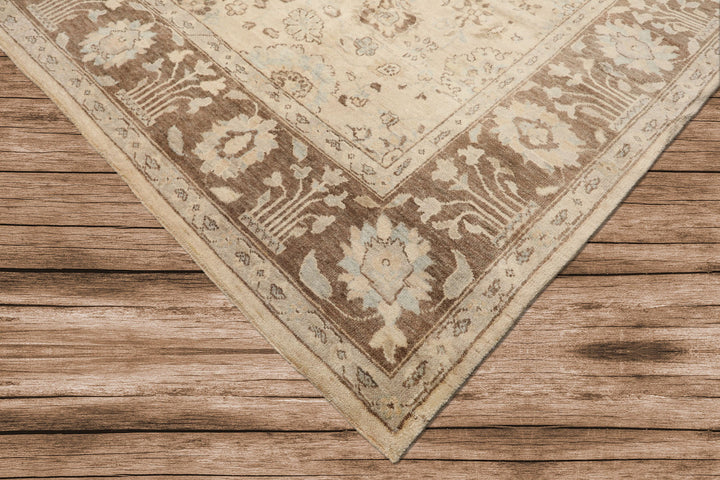 8x10 Beige, Mocha, Aqua Color Hand Knotted Oushak Wool Traditional Oriental Rug
