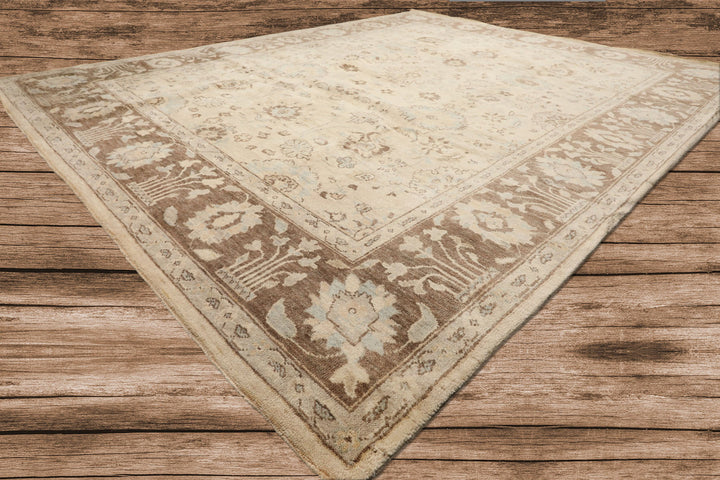 8x10 Beige, Mocha, Aqua Color Hand Knotted Oushak Wool Traditional Oriental Rug