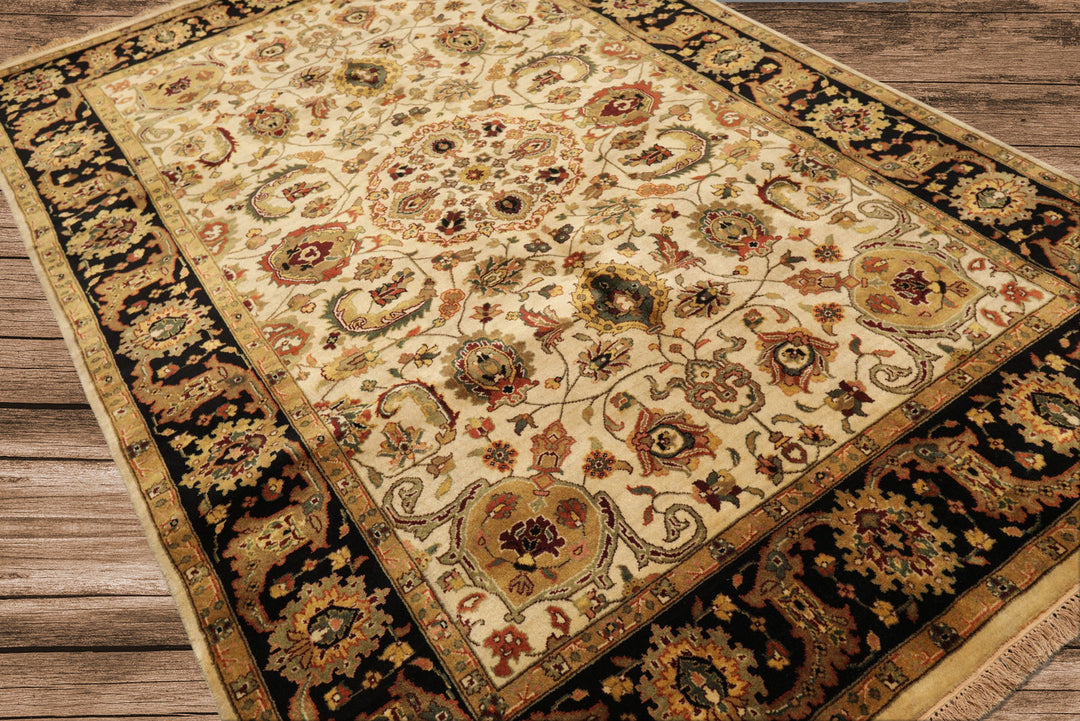 6x9 Beige, Black, Rust Color Hand Knotted Agra New Zealand Wool Traditional Oriental Rug