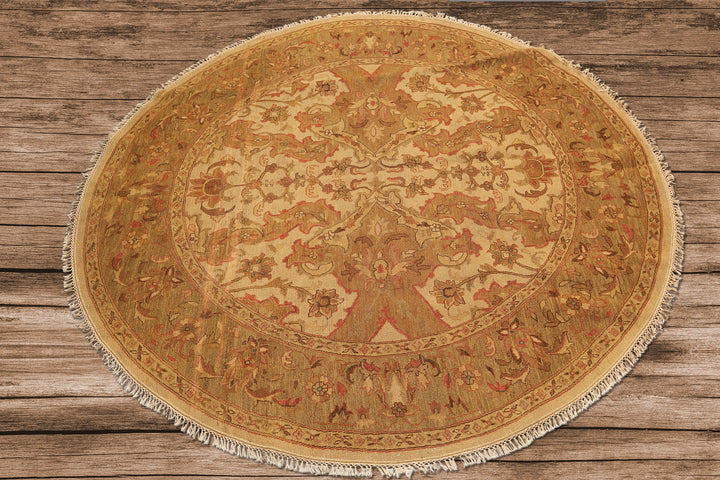 8 Round Tan, Sage, Rust Color Hand Knotted Soumak Wool Traditional Oriental Rug