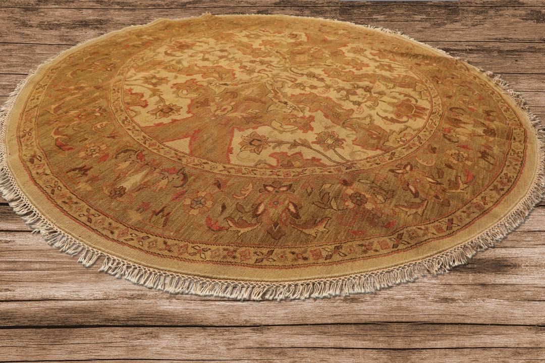 8 Round Tan, Sage, Rust Color Hand Knotted Soumak Wool Traditional Oriental Rug