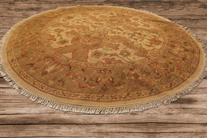 8 Round Tan, Sage, Rust Color Hand Knotted Soumak Wool Traditional Oriental Rug