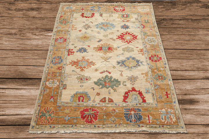 6x9 Beige, Peach, Blue Color Hand Knotted Oushak Wool Traditional Oriental Rug