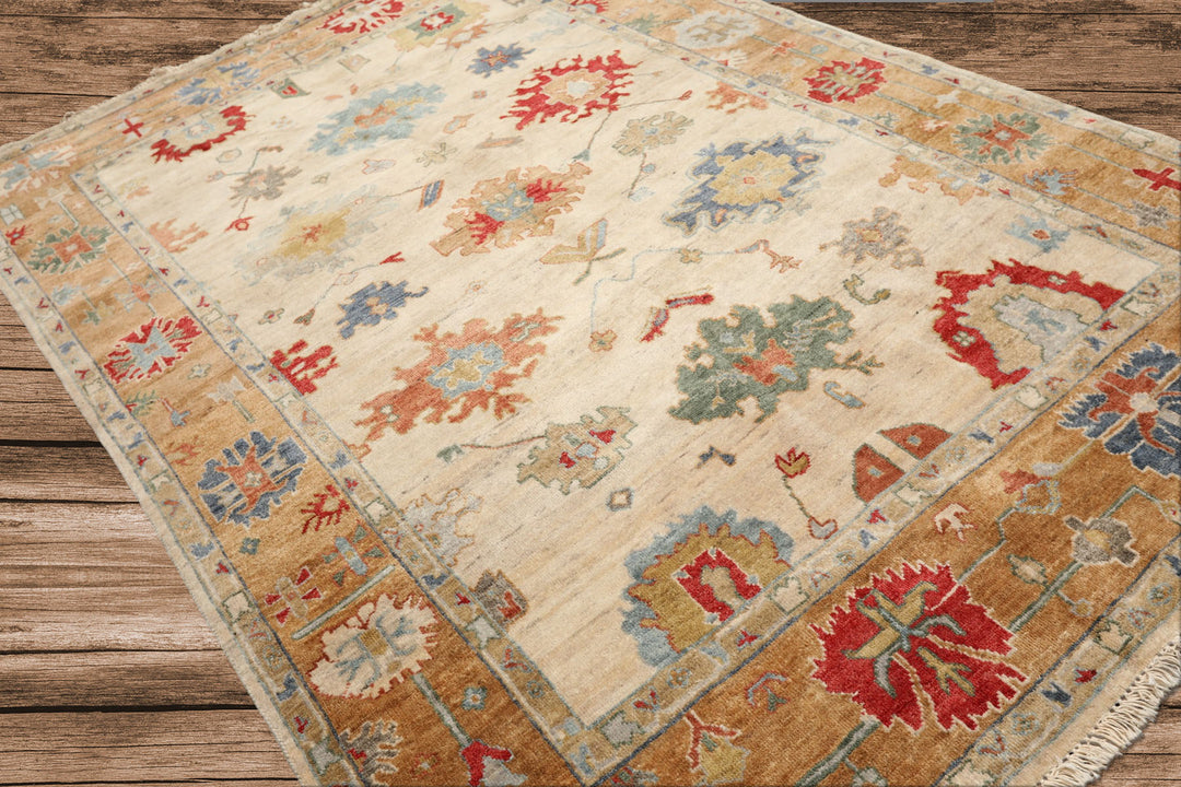 6x9 Beige, Peach, Blue Color Hand Knotted Oushak Wool Traditional Oriental Rug