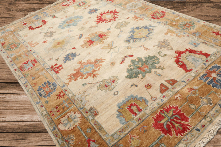 6x9 Beige, Peach, Blue Color Hand Knotted Oushak Wool Traditional Oriental Rug