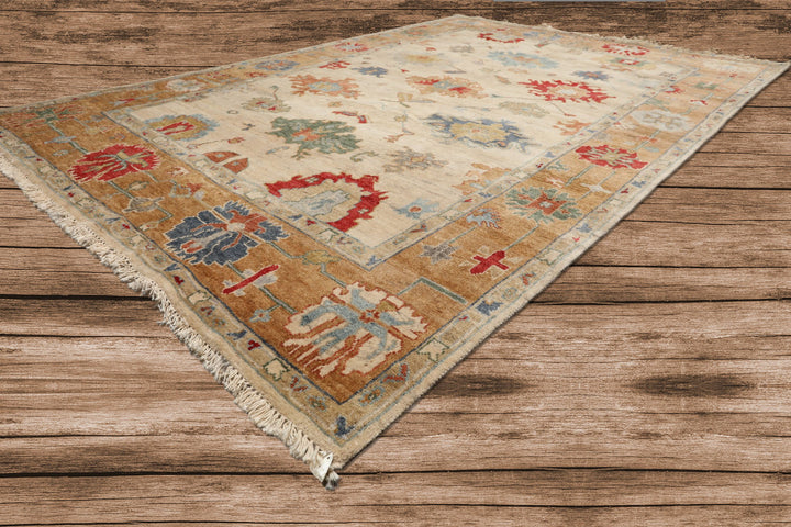 6x9 Beige, Peach, Blue Color Hand Knotted Oushak Wool Traditional Oriental Rug