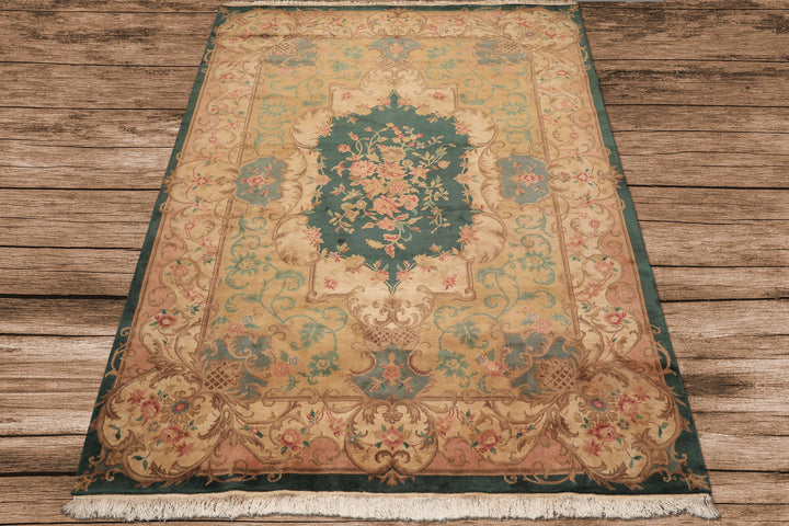 9x12 Emerald, Tan, Rose Color Hand Knotted French Aubusson Savonnerie Wool Traditional Oriental Rug