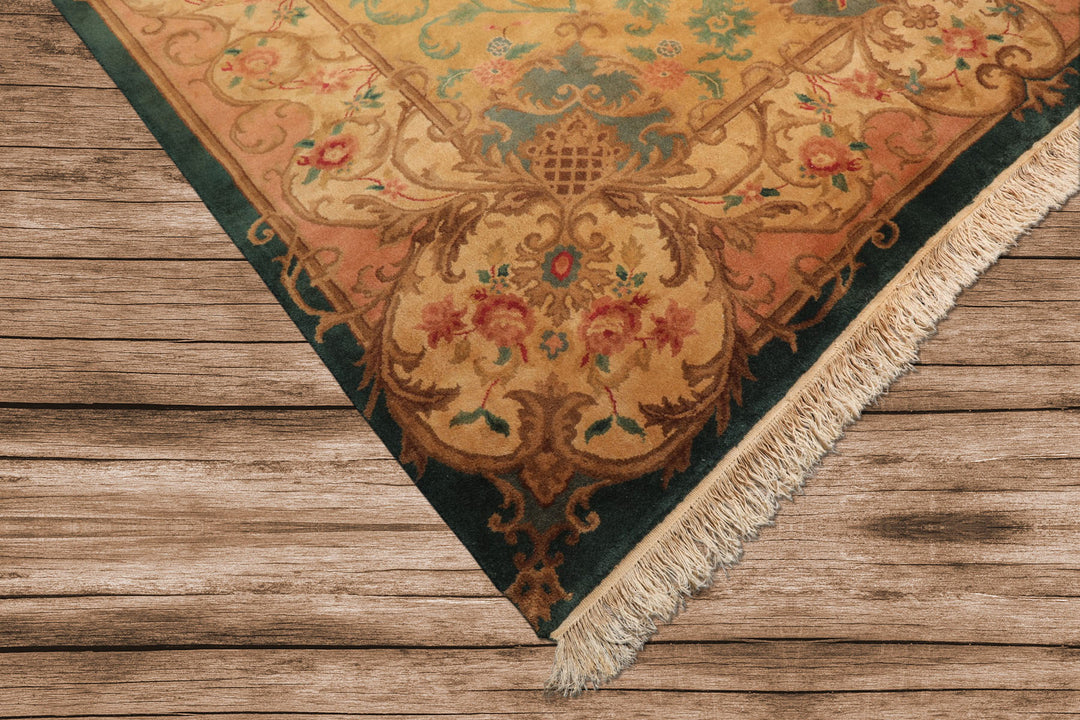 9x12 Emerald, Tan, Rose Color Hand Knotted French Aubusson Savonnerie Wool Traditional Oriental Rug