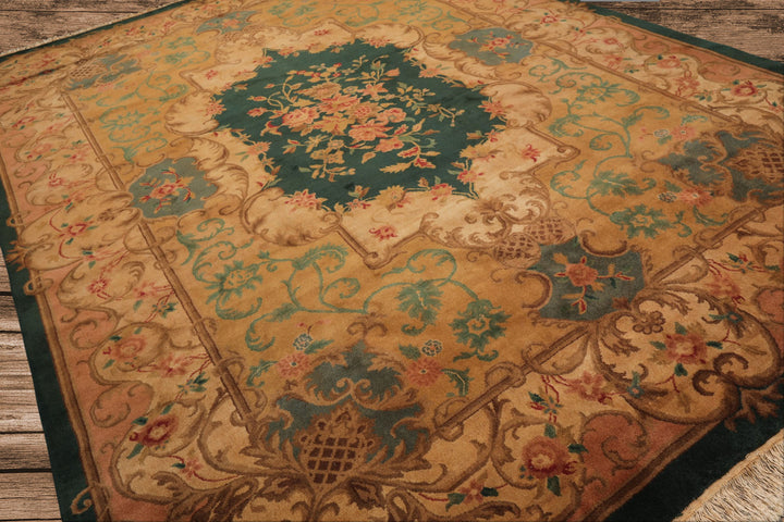 9x12 Emerald, Tan, Rose Color Hand Knotted French Aubusson Savonnerie Wool Traditional Oriental Rug