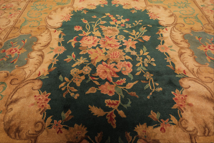 9x12 Emerald, Tan, Rose Color Hand Knotted French Aubusson Savonnerie Wool Traditional Oriental Rug