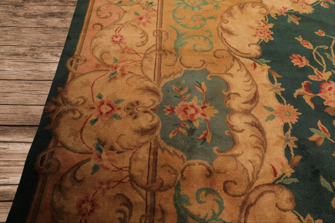 9x12 Emerald, Tan, Rose Color Hand Knotted French Aubusson Savonnerie Wool Traditional Oriental Rug