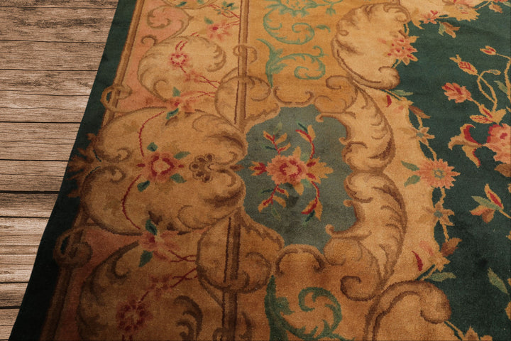 9x12 Emerald, Tan, Rose Color Hand Knotted French Aubusson Savonnerie Wool Traditional Oriental Rug