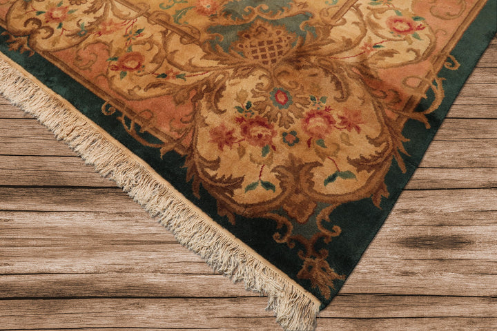 9x12 Emerald, Tan, Rose Color Hand Knotted French Aubusson Savonnerie Wool Traditional Oriental Rug