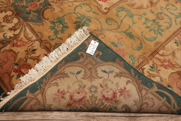 9x12 Emerald, Tan, Rose Color Hand Knotted French Aubusson Savonnerie Wool Traditional Oriental Rug
