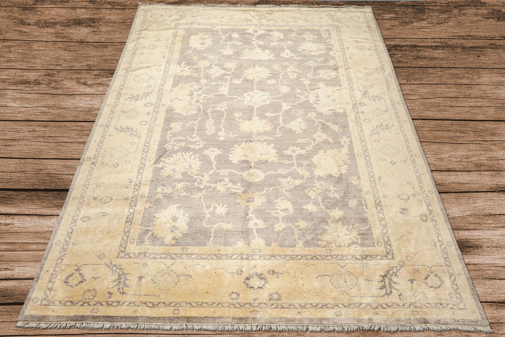 9x12 Taupe, Ivory, Gray Color Hand Knotted Oushak New Zealand Wool Transitional Oriental Rug