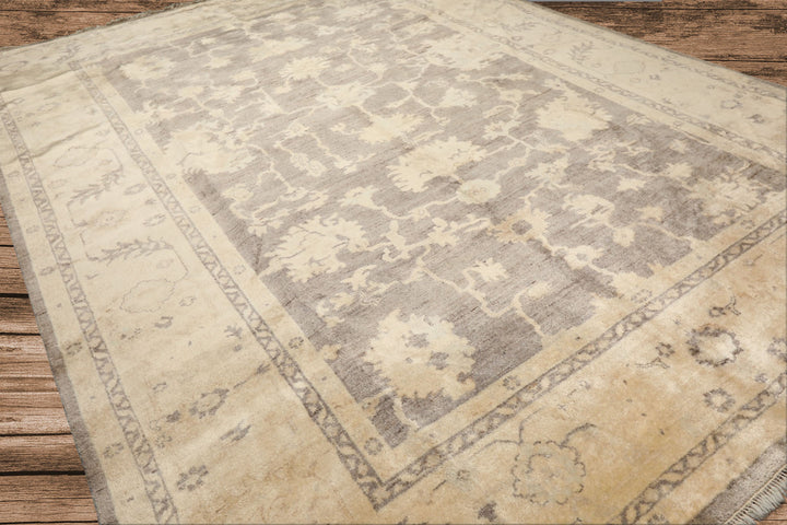 9x12 Taupe, Ivory, Gray Color Hand Knotted Oushak New Zealand Wool Transitional Oriental Rug