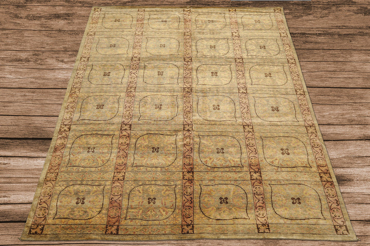 8x10 Moss, Gold, Blush Color Hand Knotted Tibetan Wool Transitional Oriental Rug