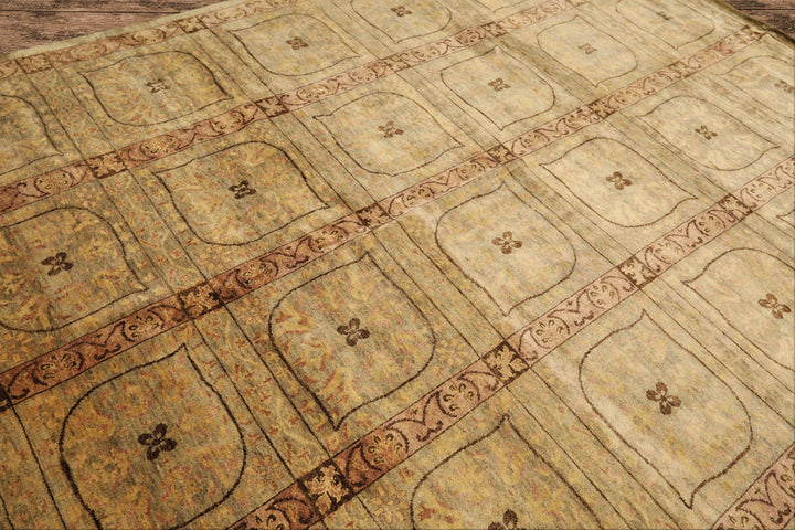 8x10 Moss, Gold, Blush Color Hand Knotted Tibetan Wool Transitional Oriental Rug
