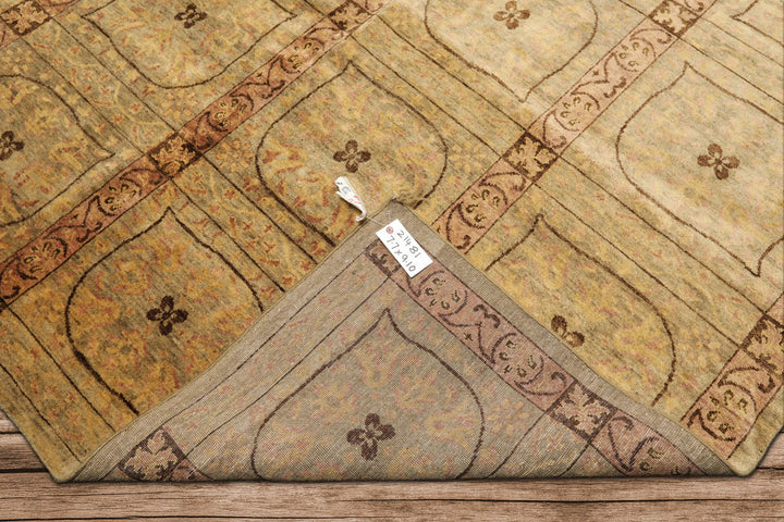 8x10 Moss, Gold, Blush Color Hand Knotted Tibetan Wool Transitional Oriental Rug