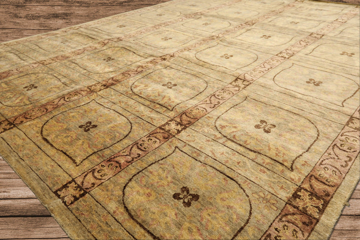 8x10 Moss, Gold, Blush Color Hand Knotted Tibetan Wool Transitional Oriental Rug