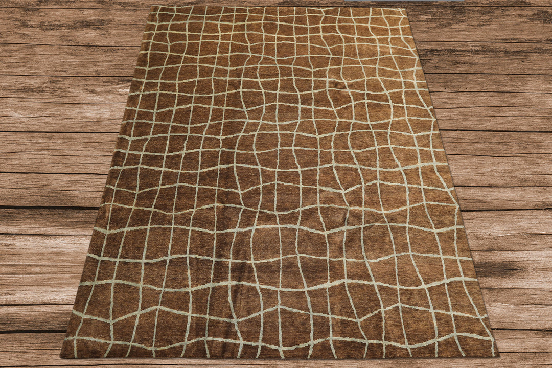 8x10 Brown, Aqua, Color Hand Knotted Tibetan Wool Modern &amp; Contemporary Oriental Rug