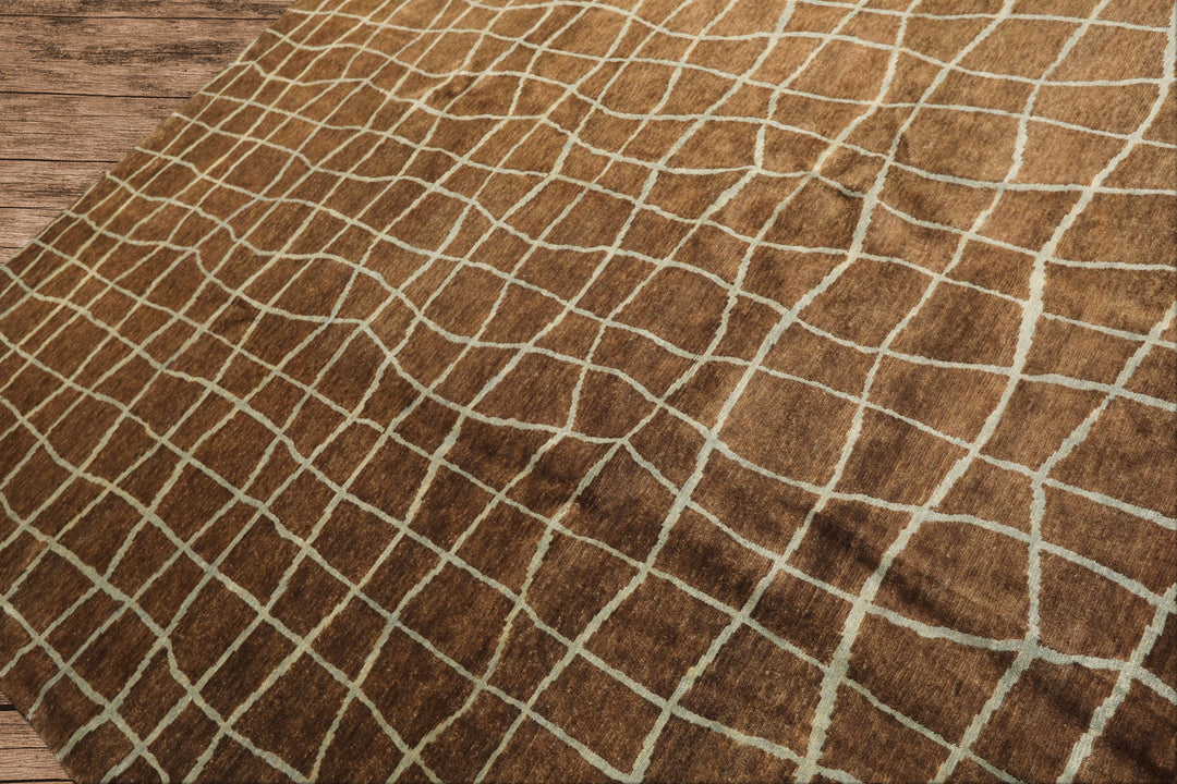8x10 Brown, Aqua, Color Hand Knotted Tibetan Wool Modern &amp; Contemporary Oriental Rug