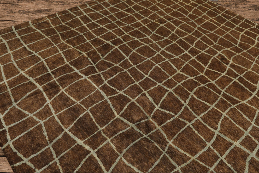 8x10 Brown, Aqua, Color Hand Knotted Tibetan Wool Modern &amp; Contemporary Oriental Rug
